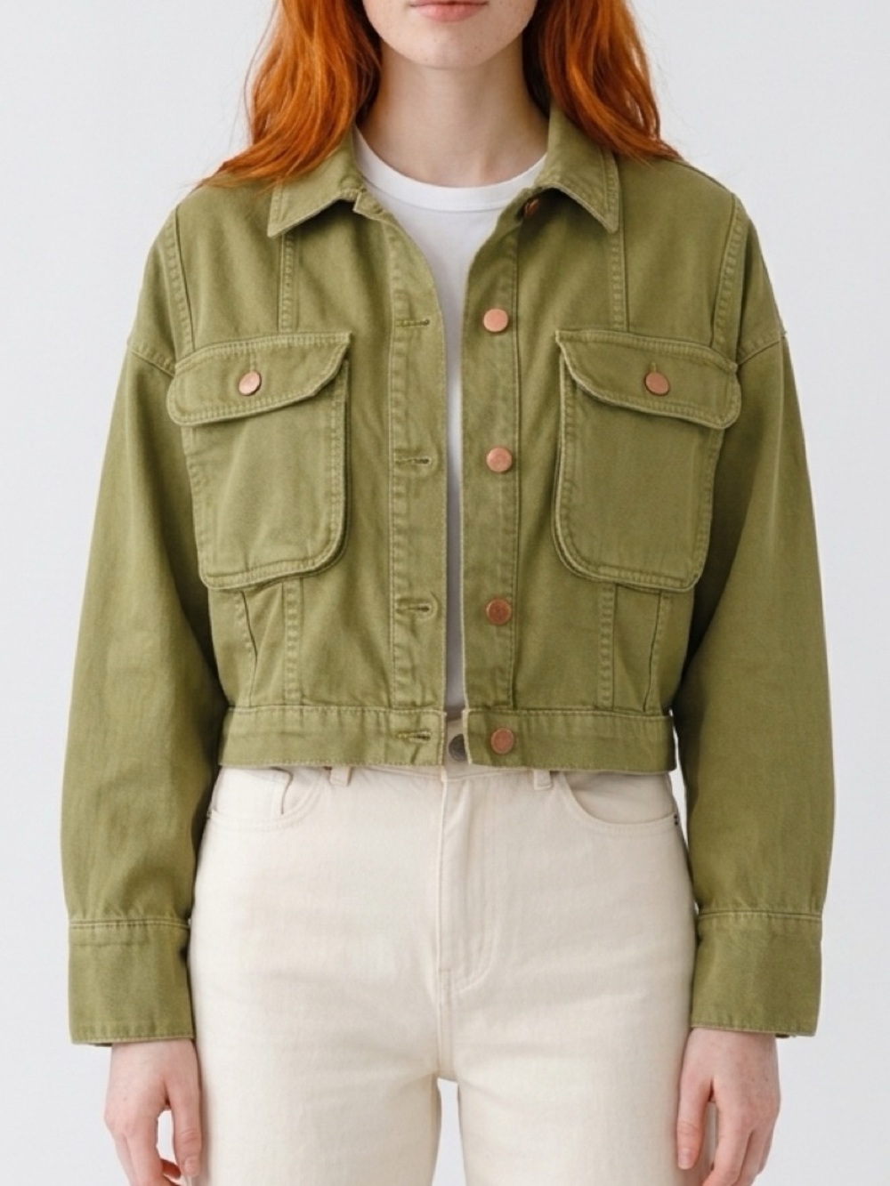 Women's Green Denim Cropped Jacket Tucker Military Utility Grunge Cargo Y2K